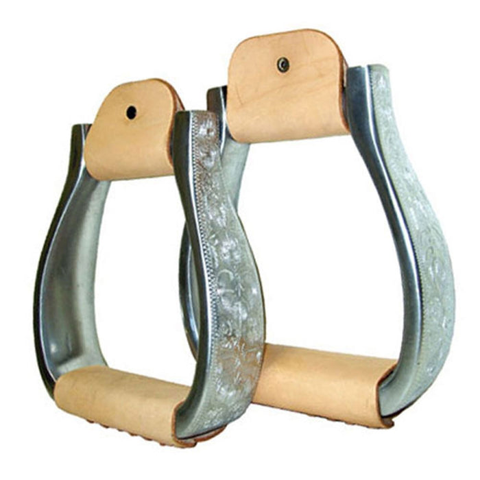 Aluminum Oxbow Engraved Stirrup with Wide Leather Band